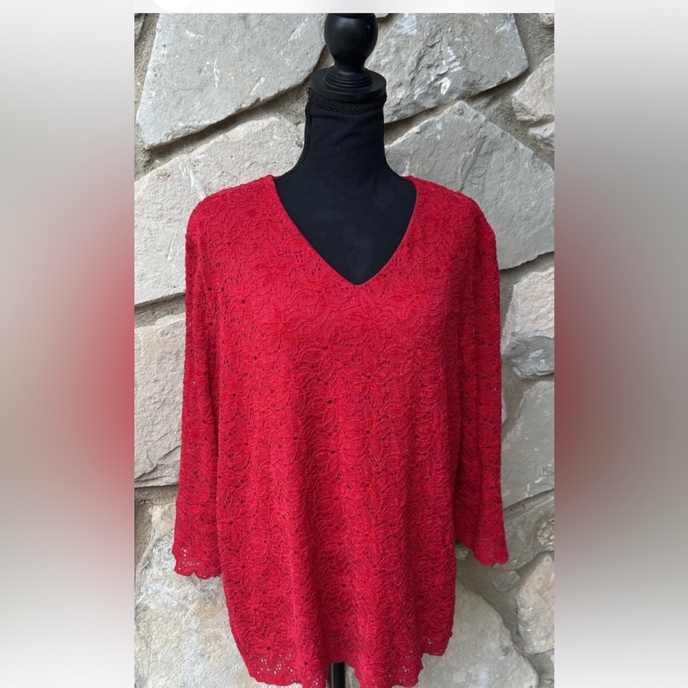 VALENTINES Crochet Lace‎ Tunic Top 18/20W 2X Red Lined 3/4 Sleeves Cato EC